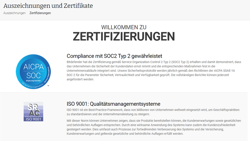 Bitdefender-Zertifikate