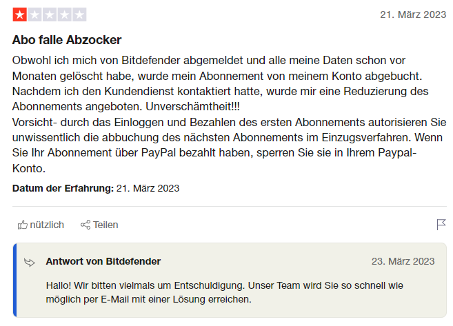 Trustpilot-Antwort